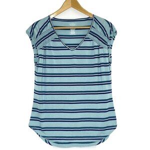 St John's Bay Women's Medium Cap Sleeved T Shirt Knit Top Light Green Stripes